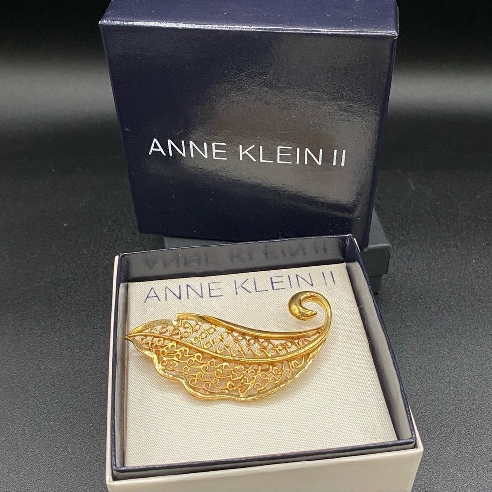 Vintage Anne Klein II Gold Plated Filigree Leaf Brooch